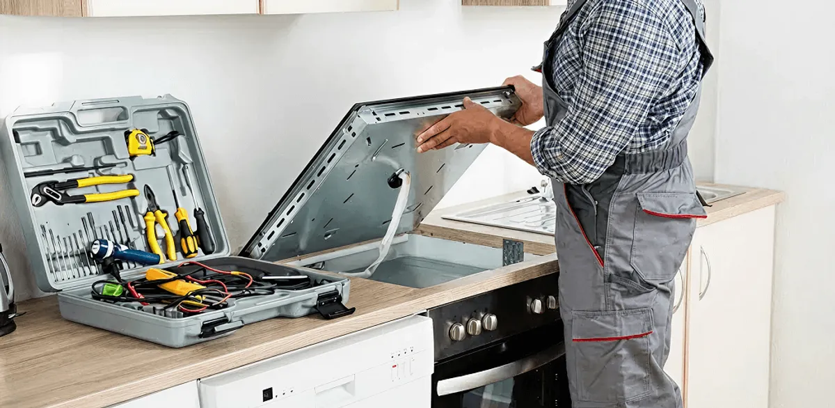 Handyman repairing a cooktop and checking wiring connections in Detroit, MI