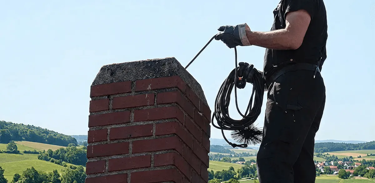 Chimney sweep inspecting and cleaning a rooftop chimney in Detroit, MI