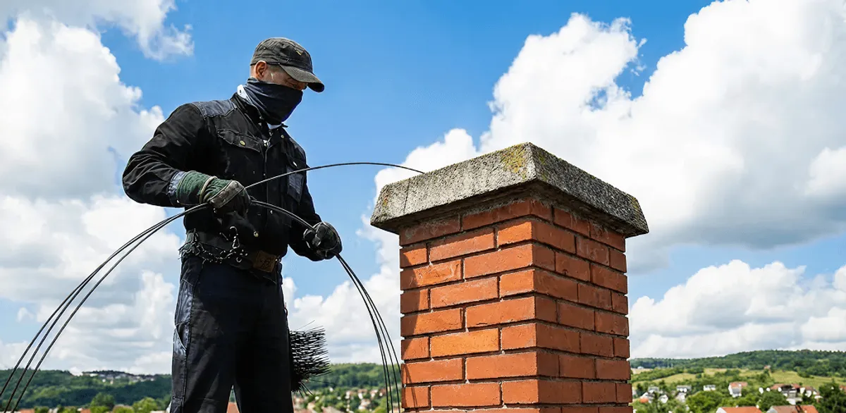 Chimney sweep cleaning a brick chimney with professional tools in Detroit, MI